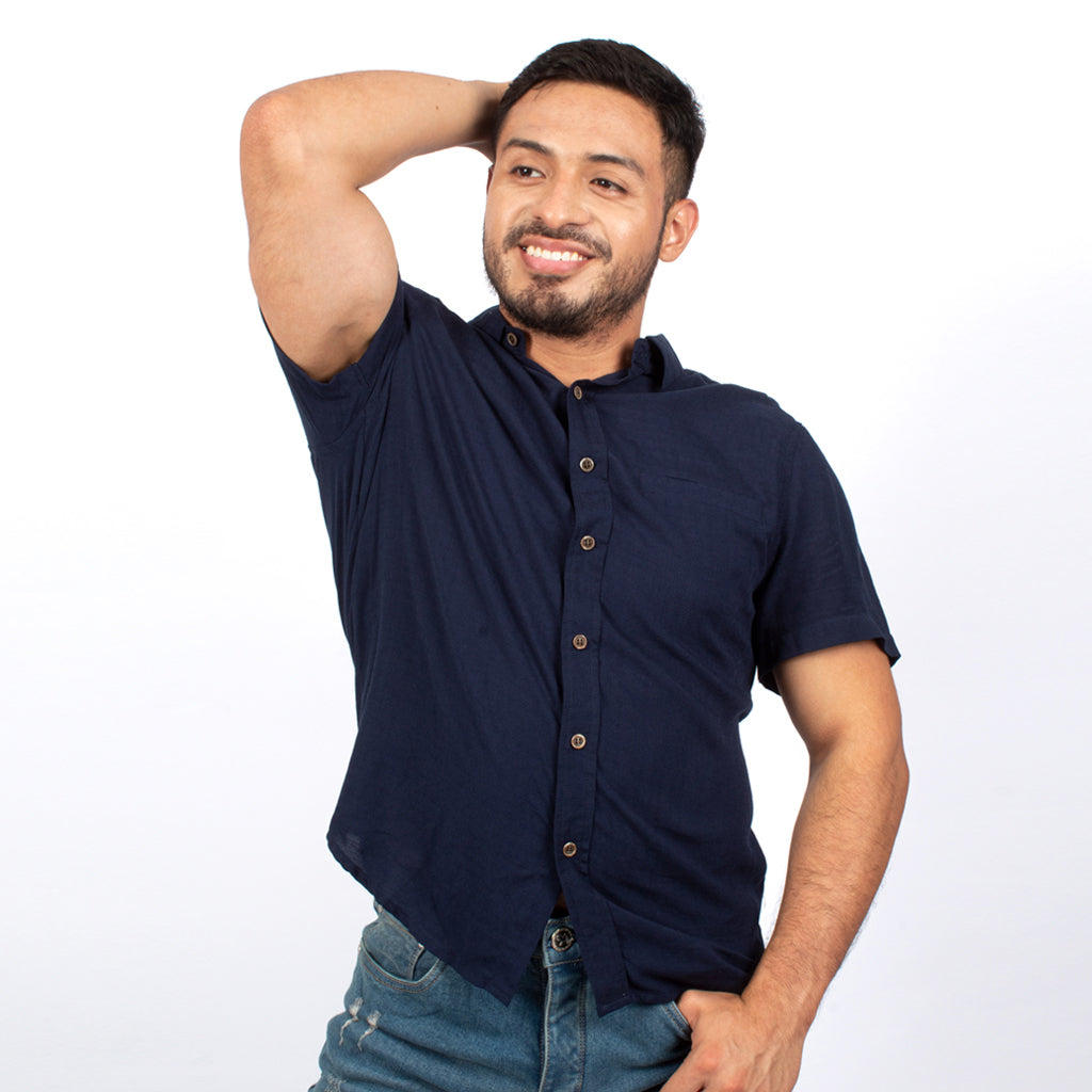 Camisa Hilo Negro Challis Manga Corta Hombre