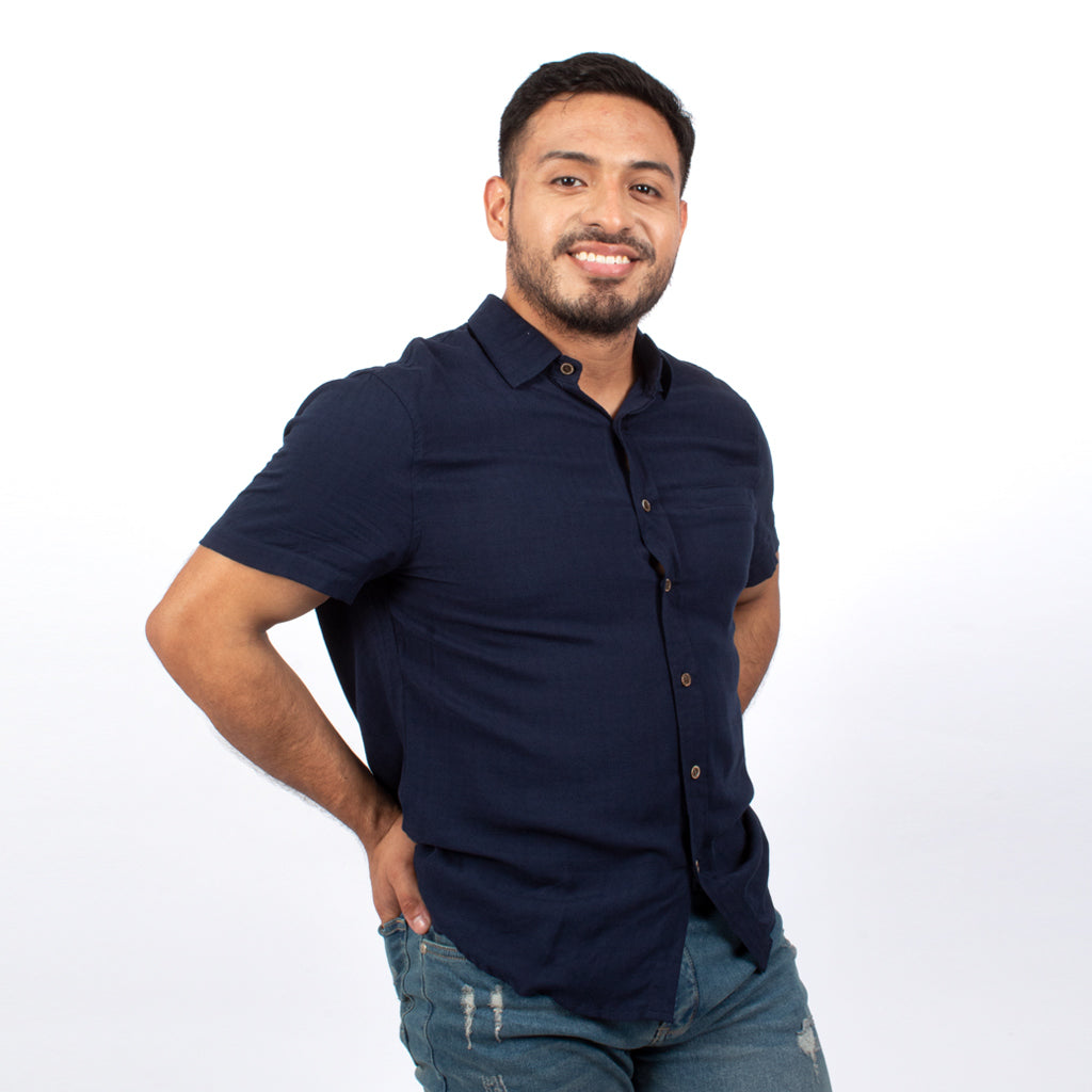 Camisa Hilo Negro Challis Manga Corta Hombre