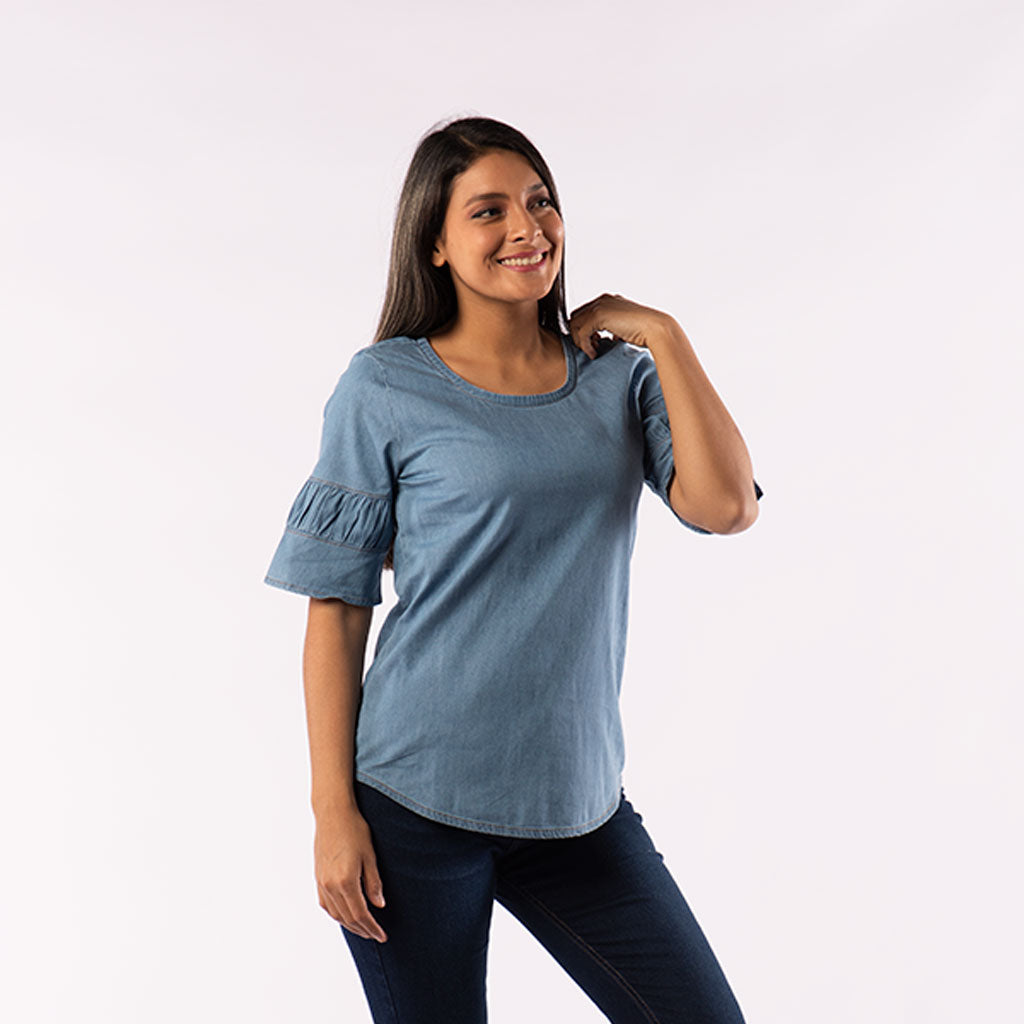 Blusa Ethiopia Denim Manga Corta Mujer