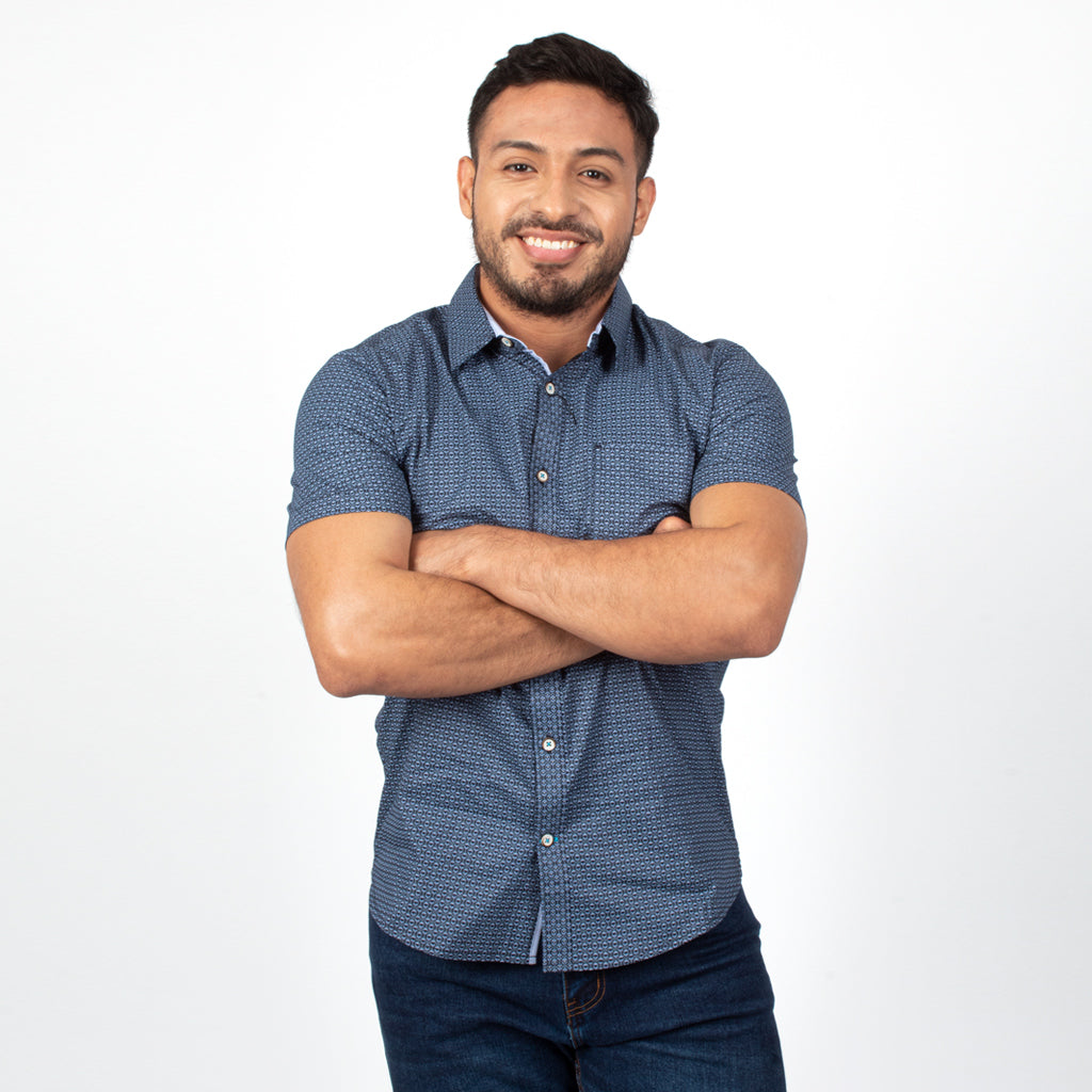 Camisa Hilo Negro Algodon Manga Corta Hombre - 2x S/90.00