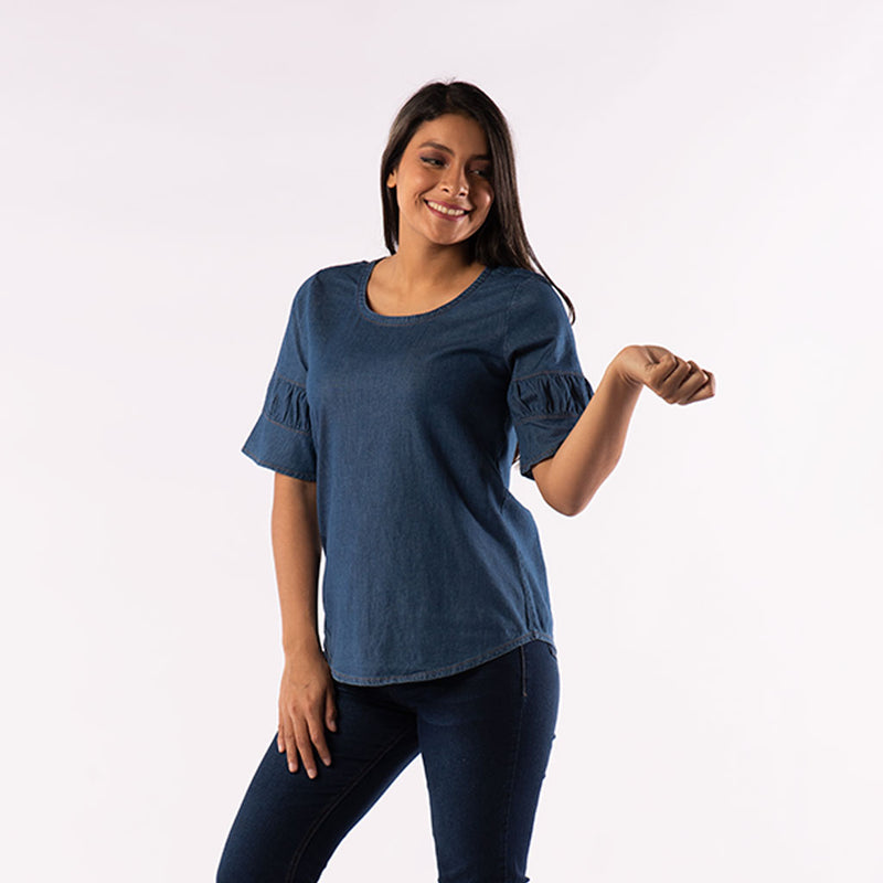Blusa Ethiopia Denim Manga Corta Mujer