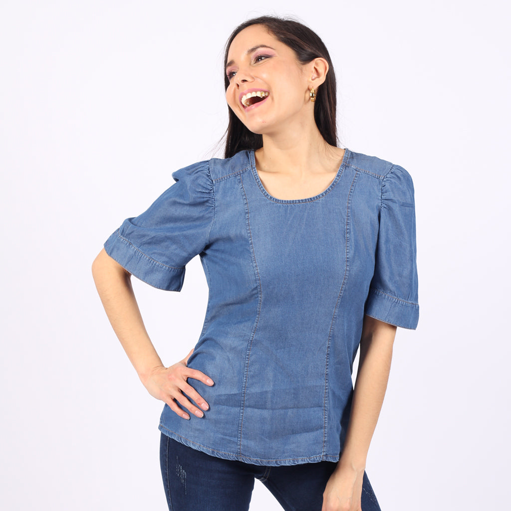 Blusa Ethiopia Denim Manga Corta Mujer